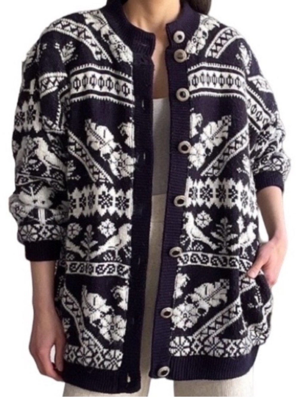 Vintage Navy White Floral Bird Knit Sweater Coat